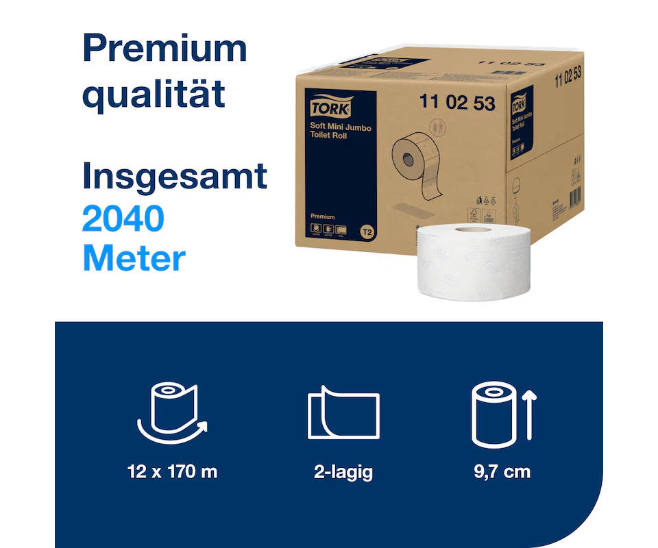 Tork Mini Jumbo Toilettenpapier Weiß T2 Premium 2-lagig – 110253 - 12 Rl/VE