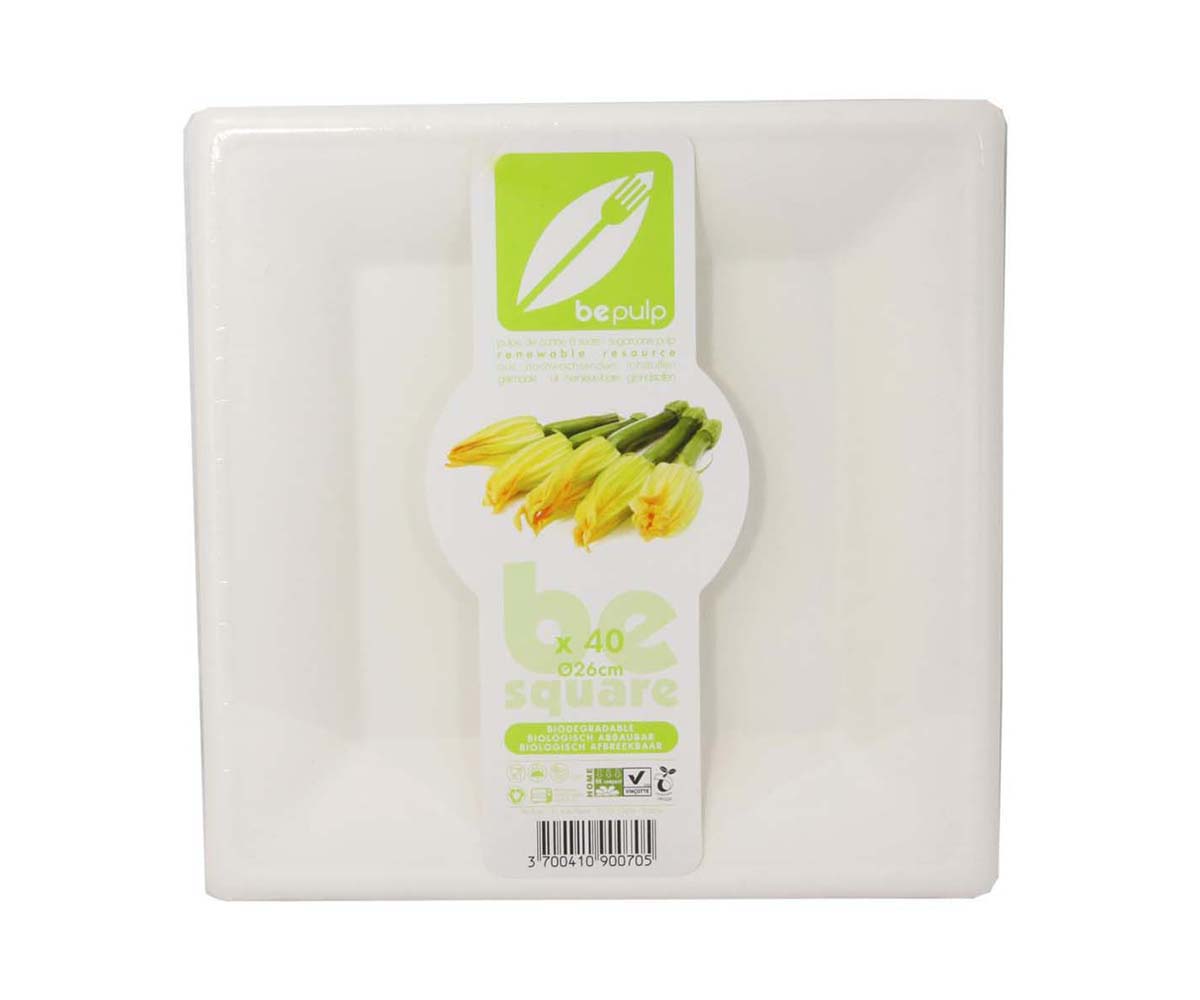 Teller Bagasse weiß quadratisch 260x260x14mm, 500 Stück
